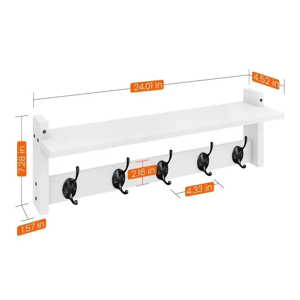 Wall Mount Coat Rack with Shelf 5 Hooks for Coats Backpacks Keys, White